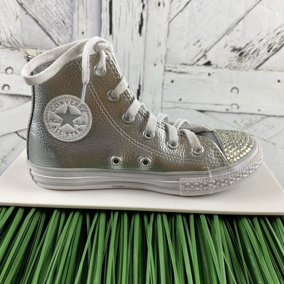 Converse Shoes - Converse Silver Bedazzled Girl’s Converse High Tops Leather Shoes Size Youth 13